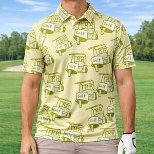 SOSIK Golf Cart Print Polo Shirt Men’s Small Yellow Funny Golf Top
